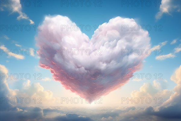 Painting of a heart-shaped cloud illuminated by the warm hues of sunset, floating above a serene sea of clouds. For love, romance, tenderness and Valentine day design, AI generated