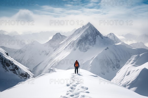 A mountaineer in mountains approaching a majestic snowy mountain peak amidst a snowfall and snow storm. Solitude and determination, adventure and challenge of climbing in extreme conditions, AI generated