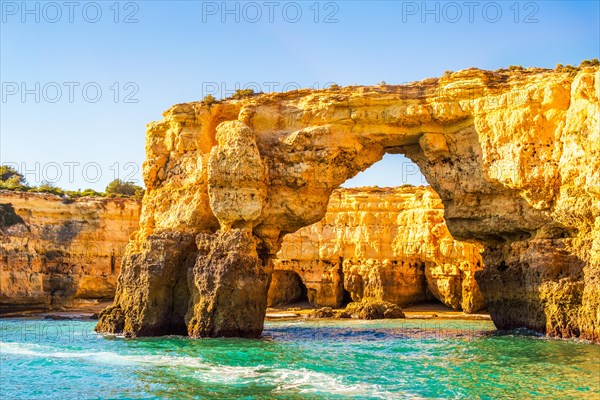 Beautiful limestone Algarve coast with caves and rock formation, Albufeira, south of Portugal