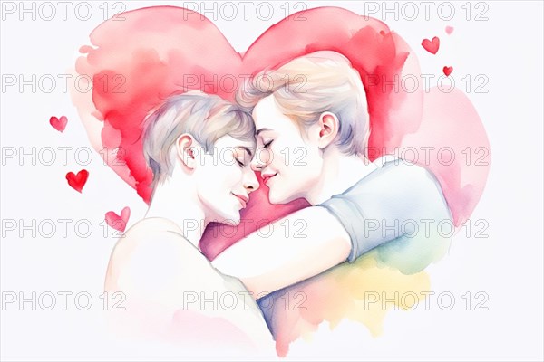 A heartwarming drawing of two women, symbolizing love, friendship, and the unity of souls over a watercolor painted heart ai generated, AI generated