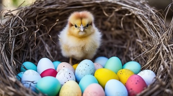 A fluffy chick stands amidst colorful Easter eggs in a nest, symbolizing spring and festivity AI generated