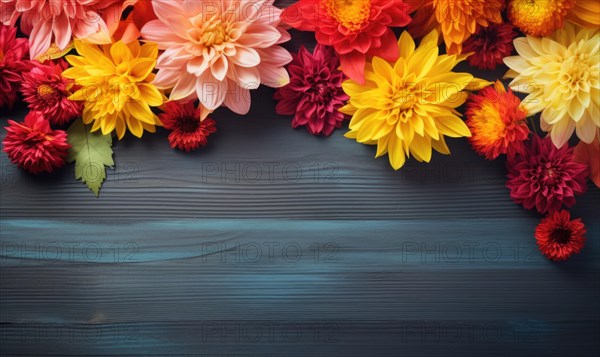 A dense arrangement of colorful chrysanthemums on a blue wooden surface AI generated