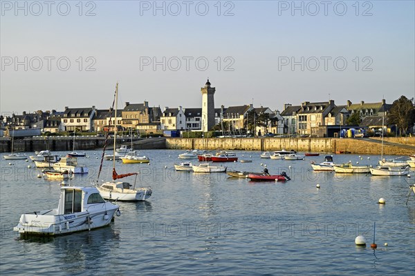 Old harbour with boats and lighthouse, Roscoff, Finistere, Brittany, France, Europe