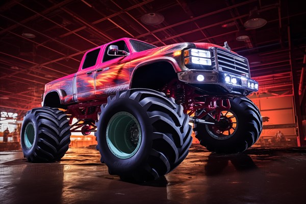 Monster truck illuminated by neon lights, excitement and thrill of an extreme sport and entertainment monster truck stunts racing show, AI generated