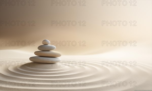 Zen stones stack on raked sand in a minimalist setting for balance and harmony. Balance, harmony, and peace of mind, wellness, meditation, and spirituality concept, AI generated