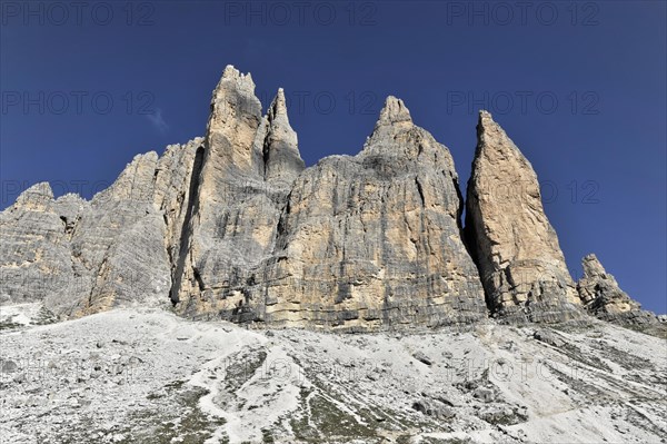 Three Peaks in Alta Pusteria, from the direction of Dreizinnenhuette, Sesto, Sesto Dolomites, South Tyrol, Italy, Europe