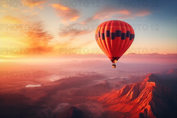 A colorful hot air balloon floats in sky over a desert mountain landscape at sunset with orange and blue skies in the background. Travel journey adventure beauty of nature concept, AI generated