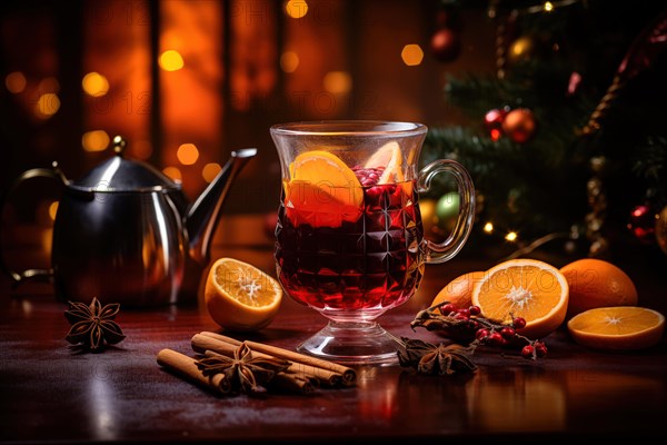 Glass of traditional mulled wine with orange and cranberry garnishes on a cozy Christmas table. The background is blurred with bokeh lights and candles, creating a warm and festive atmosphere, AI generated
