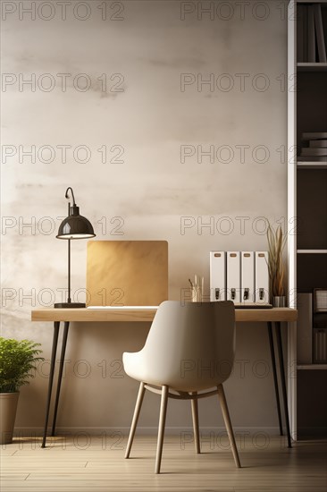 Modern minimalist workspace featuring a neat desk with contemporary accessories, a comfortable chair, and a stylish lamp against an elegant textured wall. Remote work home office, AI generated