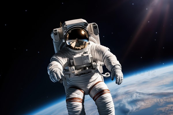 Astronaut Floating Above Earth in Space with extravehicular mobility unit and backpack. Wonder and awe of space exploration and science, AI generated