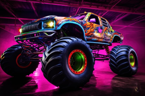 Monster truck illuminated by neon lights, excitement and thrill of an extreme sport and entertainment monster truck stunts racing show, AI generated