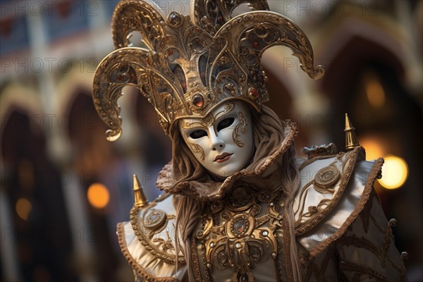 A person adorned in a richly detailed and colorful carnival costume, complete with an elaborate mask, participates in the iconic Venice Carnival, AI generated