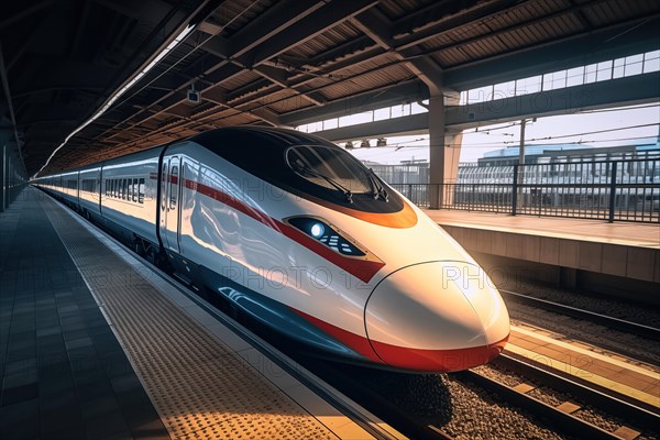 Modern high speed train in a futuristic train station. Modern transportation technology, speed, travel concepts. Railroad with motion blur effect, AI generated