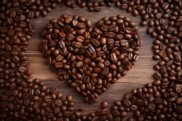 A heart-shaped arrangement of rich, dark coffee beans set against a contrasting wooden background, symbolizing love for coffee, AI generated