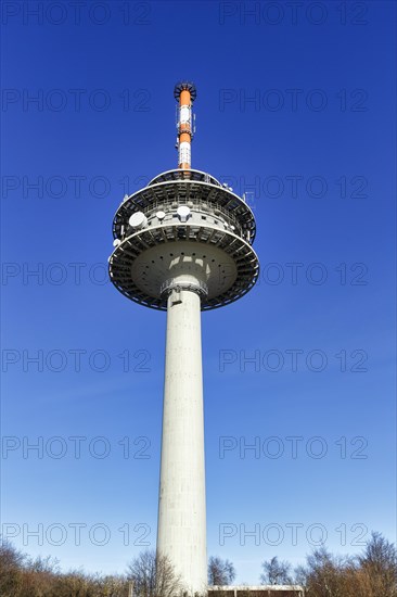 Telecommunication tower on mountain top, blue sky, Koeterberg, Luegde, Weserbergland, North Rhine-Westphalia, Germany, Europe