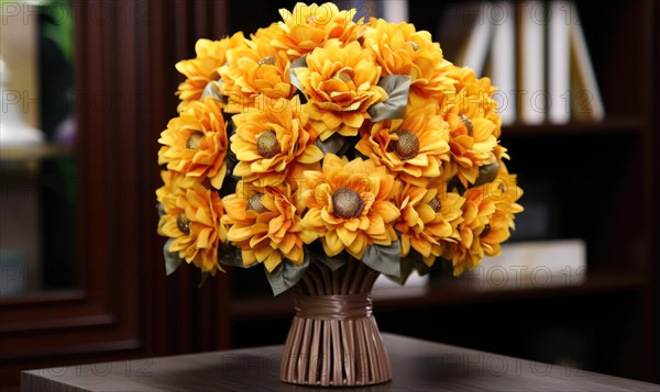 A cheerful, full bouquet of yellow flowers in a modern vase beside bookshelves AI generated