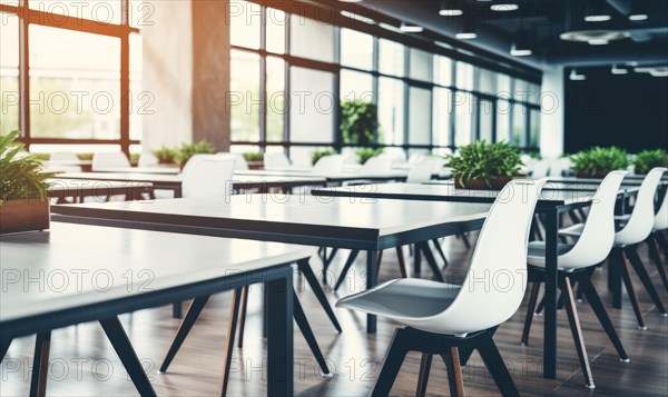 Contemporary, spacious cafeteria with white chairs and tables, complemented by indoor plants AI generated