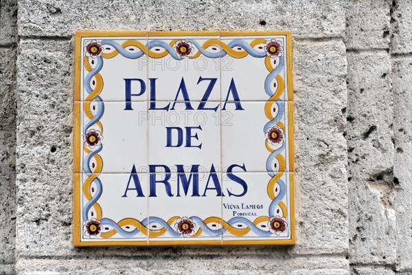 Street sign, tiles, Plaza de Armas, centre of Havana, Centro Habana, Cuba, Greater Antilles, Caribbean, Central America