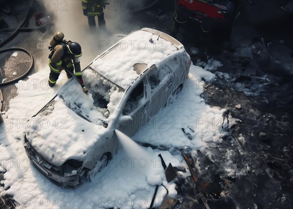 A firefighter in full gear uses a hose with chemical white foam to extinguish flames engulfing hybrid electric petrol vehicle car amidst a urban landscape, with emergency response evident, ai generated, AI generated