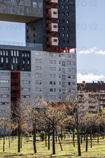 Facade of the El Mirador apartment building located in Sanchinarro in the city of Madrid in Spain