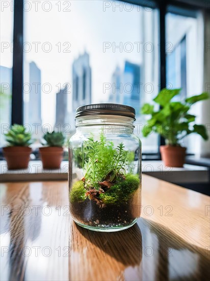 Bottle garden, mini biotope, eco system in a glass jar in a city flat, AI generated, room, windowsill, plants, screw-top jar, gardening, herbs, green, sunlight