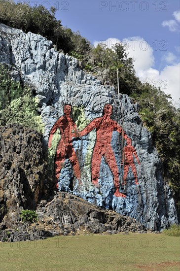 Detail, Mural de la Prehistoria, prehistoric wall, painted in 1961 by Mexican artist Leovigildo Gonzalez Morillo, size 120x180 metres, Vinales, Unesco World Heritage Site, Pinar del Rio Province, Cuba, Greater Antilles, Caribbean, Central America