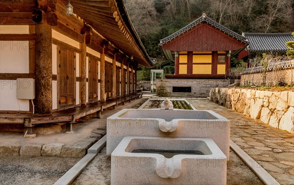 Concrete water cistern with turtle fountain at Buddhist temple