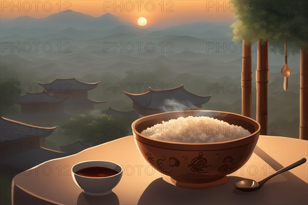 A Bowl Filled With steaming Rice, sauce and a spoon, on a wooden rustic table on a terrace facing scenic asian panorama ai generated, AI generated