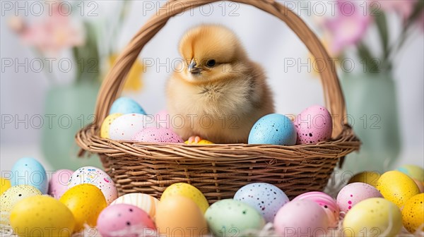A baby chick standing in a basket filled with pastel Easter eggs AI generated