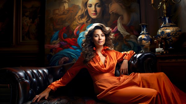 Beautiful young woman dressed in an orange dress, sitting in a salon on a black leather sofa, in the background hangs a large painting, AI generated, AI generated