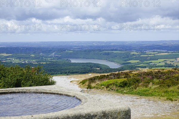 View of the river Aulne and the Pont de Terenez bridge from the summit of the 329 metre high Menez Hom mountain, Finistere department, Brittany region, France, Europe