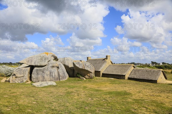 Former village of Meneham on the Atlantic coast with partly thatched houses between granite rocks, now an open-air museum, Menez Ham, Kerlouan, Finistere Penn ar Bed department, Brittany Breizh region, France, Europe