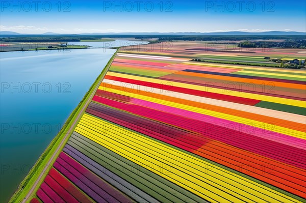 Aerial view of colorful tulip fields, The Netherlands, AI Generated, AI generated, Europe