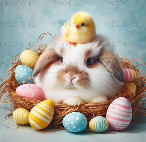 Easter, Easter festival, the Easter bunny sits with a chick in an Easter nest with colourful Easter eggs, AI generated, AI generated