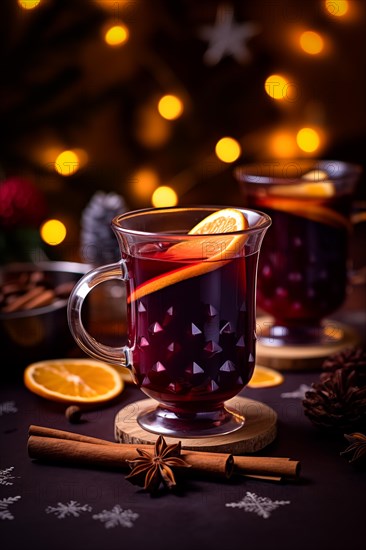 Two glasses of traditional mulled wine with orange and cranberry garnishes on a cozy Christmas table. The background is blurred with bokeh lights and candles, creating a warm and festive atmosphere, AI generated