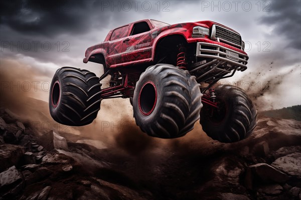 Monster truck driving and jumping outdoors amidst a cloud of dust. Thrill and adrenaline of an outdoor racing event on off-road terrain, AI generated