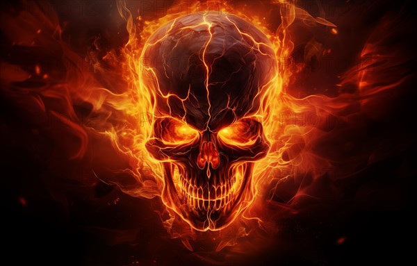 Spooky and scary burning skull on a dark background. Perfect for Halloween or horror-themed projects, AI generated