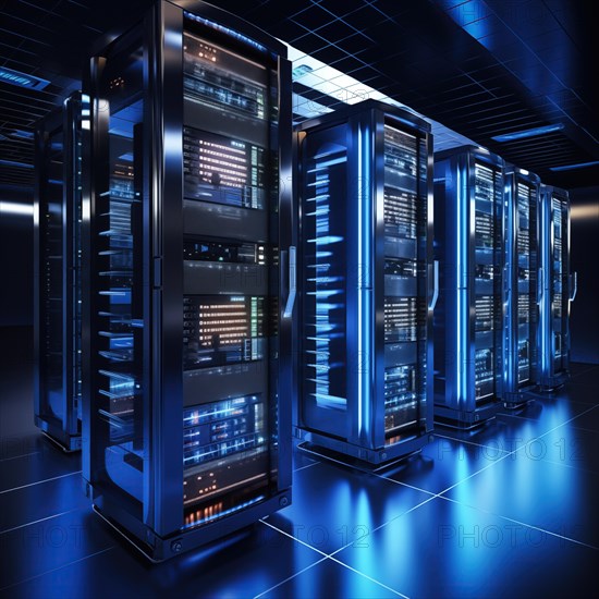 A modern data center with rows of server racks, high technology, artificial intelligence AI and data cloud computing computer systems storage and telecommunications, AI generated