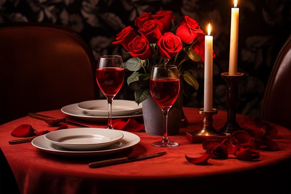 Table prepared for Valentine's Day dinner with red roses, and wine glasses filled, lit candles, and elegant tableware. The ambiance is warm and inviting, perfect for a loving celebration, AI generated