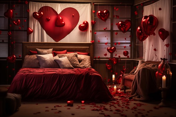 A cozy bedroom adorned with red and white heart-shaped balloons, rose petals, and candles creating a romantic atmosphere for Valentine's Day, AI generated