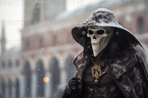 A person adorned in a richly detailed and colorful carnival costume in death mask, complete with an elaborate mask, participates in the iconic Venice Carnival with snowfall, AI generated