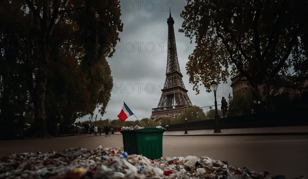 Garbage on the streets of Paris after sports competitions and concerts. Concept of the Olympic Games in Paris France 2024, AI generated