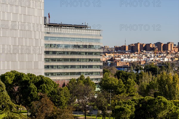Urban landscape in Madrid with modern office buildings and apartment buildings in the background