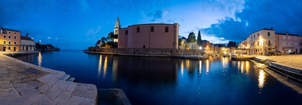 St. Anthony's Church and harbour, blue hour at dawn, panoramic view, Veli Losinj, Kvarner Bay, Croatia, Europe