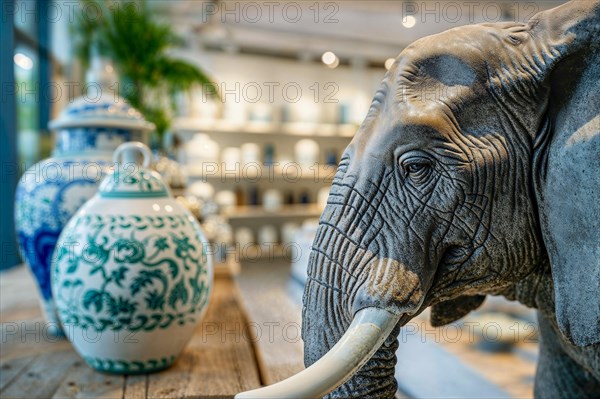 Detailed elephant statue stands in front of blue and white porcelain vases in a tastefully decorated room, AI generated, AI generated