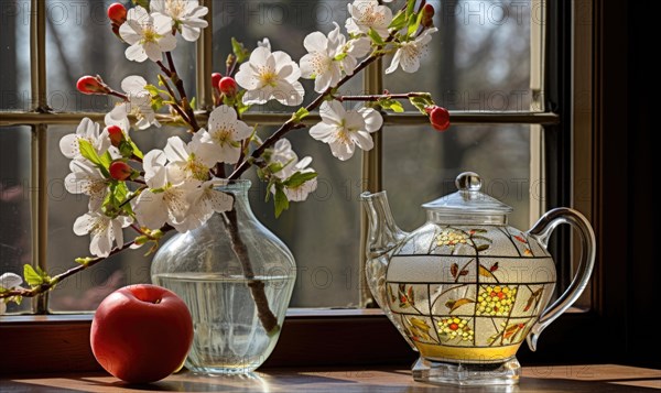 A teapot with fresh blossoms and an apple on a sunny windowsill AI generated