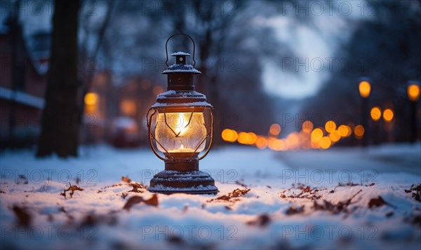 Lantern in snowy forest at night. Christmas and New Year concept AI generated