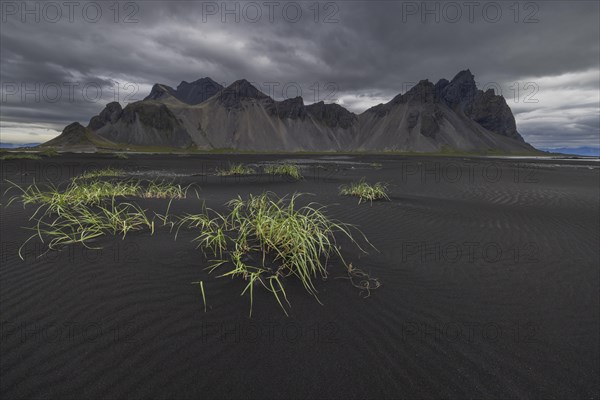 Vestrahorn, mountains with black lava sand, southern Iceland