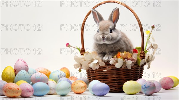 A rabbit seated in a wicker basket surrounded by pastel-colored Easter eggs and spring flowers AI generated