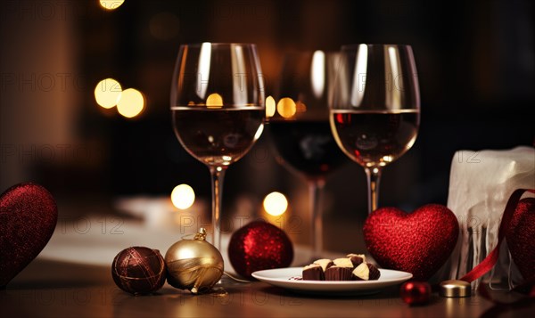 A romantic table setting featuring wine glasses, chocolates, and heart-shaped ornaments AI generated